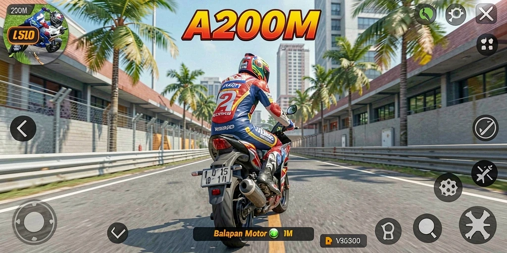 Screenshot A200M yang menunjukkan balapan motor dengan aksi mendebarkan.