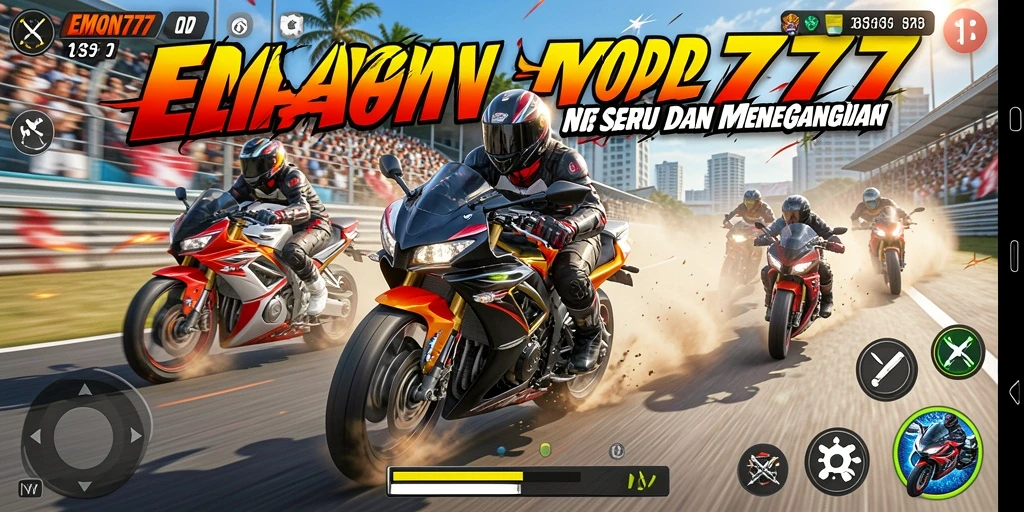 Gameplay seru dan cepat dari EMON777 saat balapan motor.