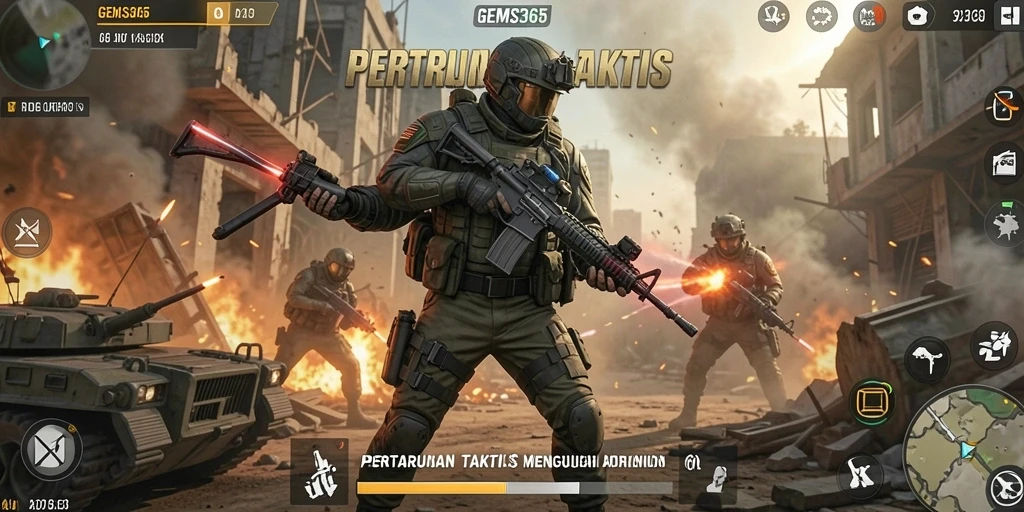 Gameplay menegangkan GEMS365 dengan pertarungan karakter epik.