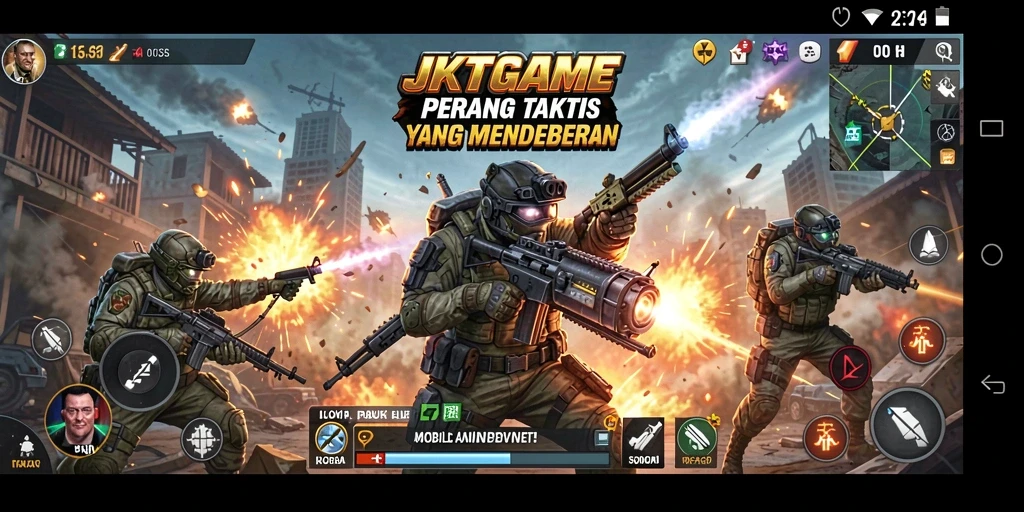 Screenshot utama JKTGAME menunjukkan aksi tembak-menembak yang seru dan mendebarkan.