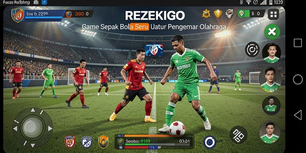 Screenshot menampilkan aksi seru dalam permainan Football REZEKIGO.