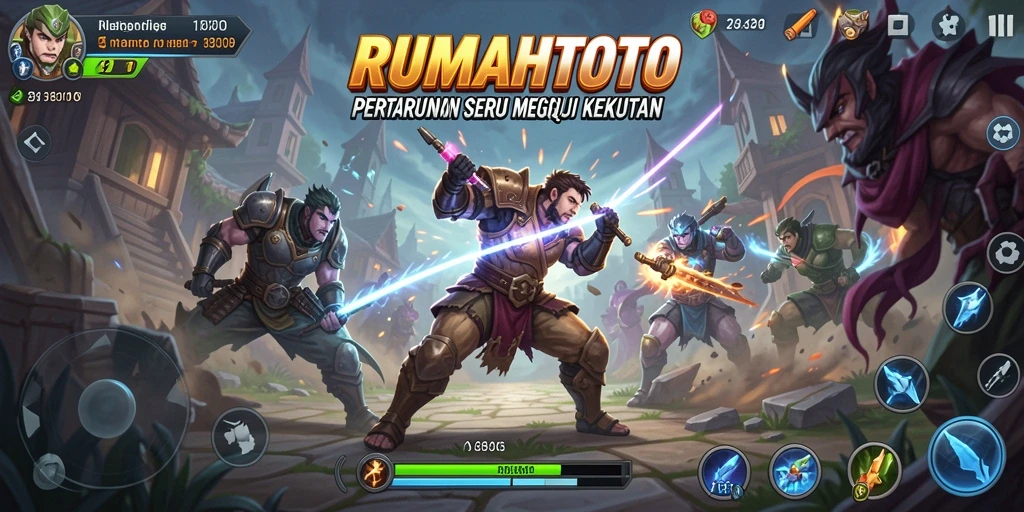 Screenshot utama RUMAHTOTO menunjukkan aksi pertarungan yang mendebarkan.