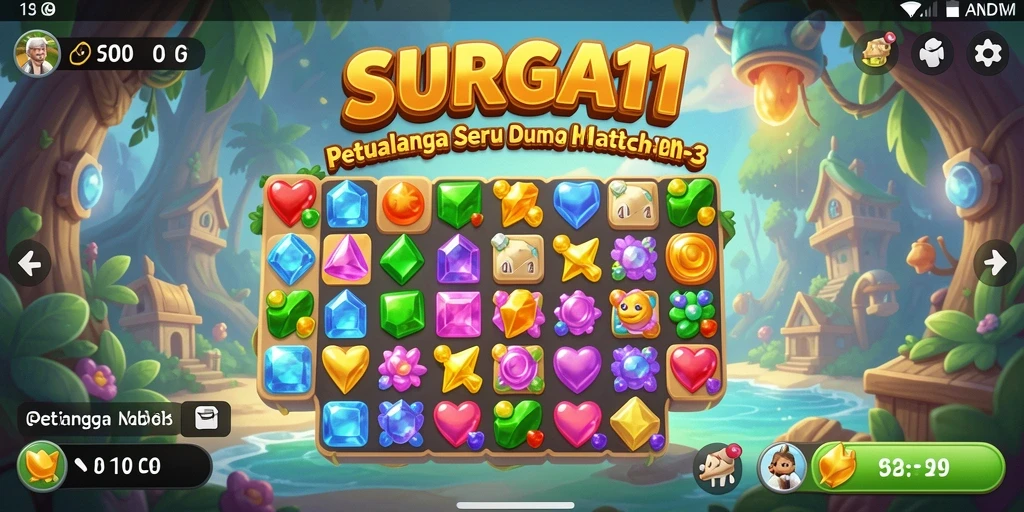 Screenshot SURGA11 menunjukkan aksi gameplay Match-3 yang penuh warna.