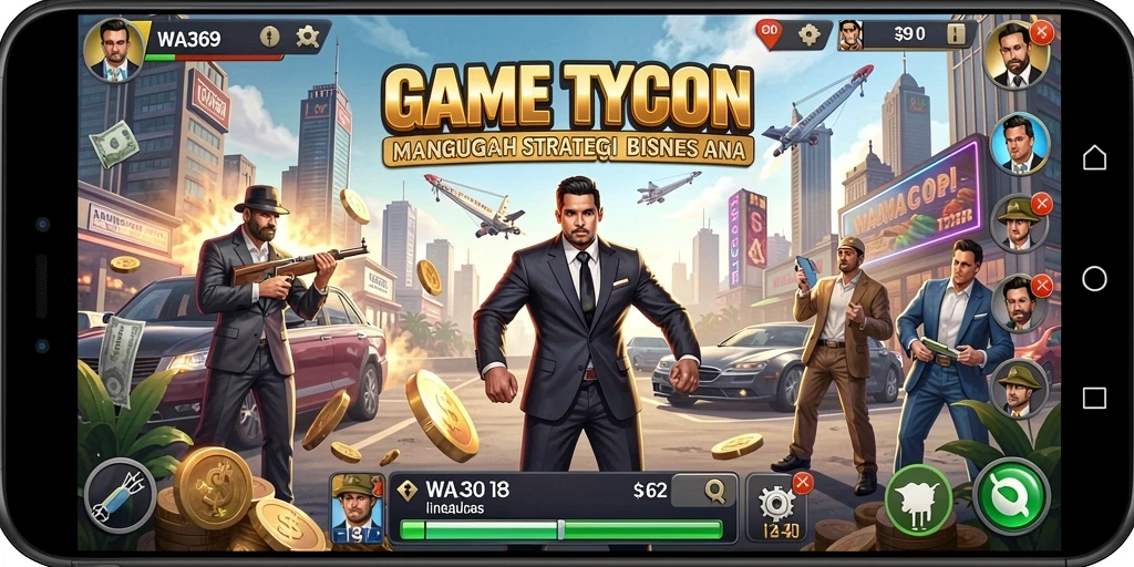 Screenshot utama WA369 menampilkan gameplay manajemen bisnis yang seru.